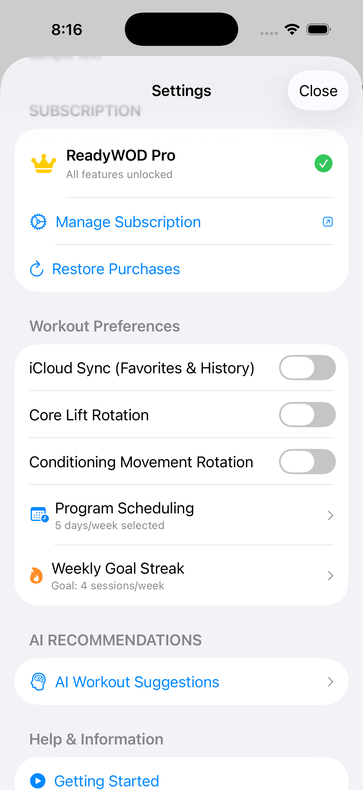 Settings screen showing Program Scheduling option