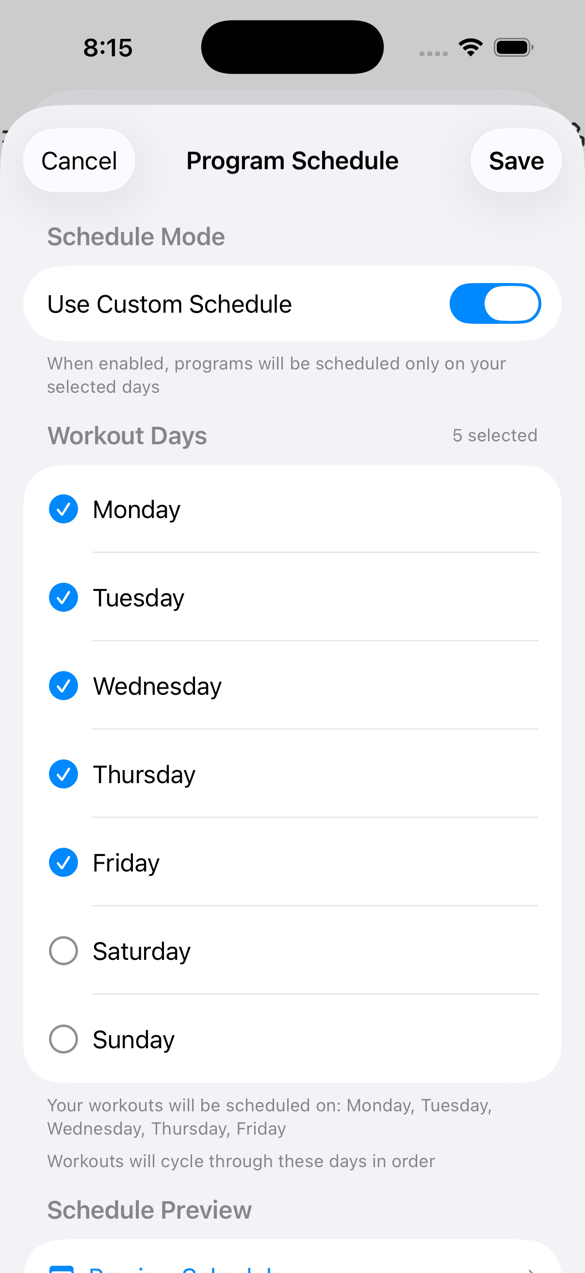 Program Schedule screen showing workout days selection
