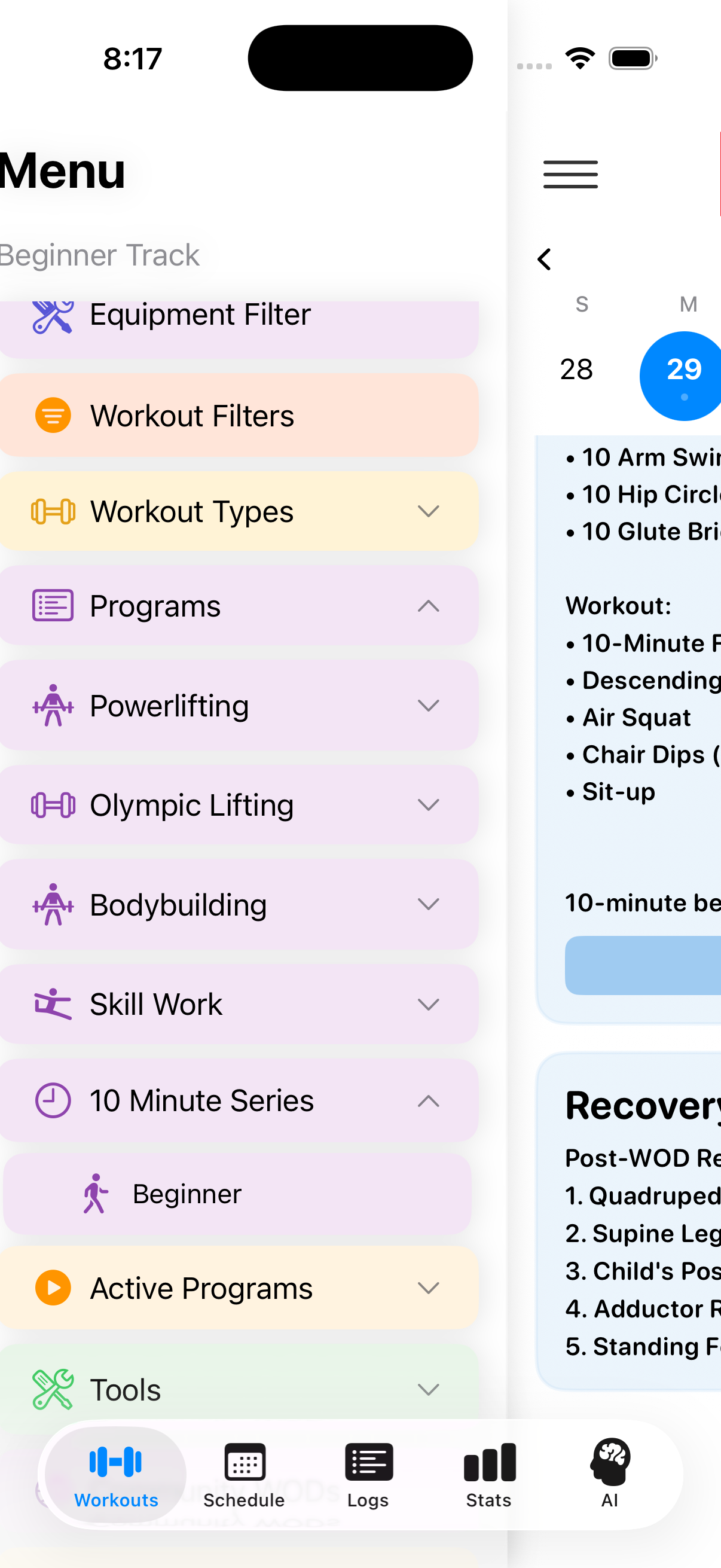 Side menu showing Programs -> 10 Minute Series -> Beginner selection