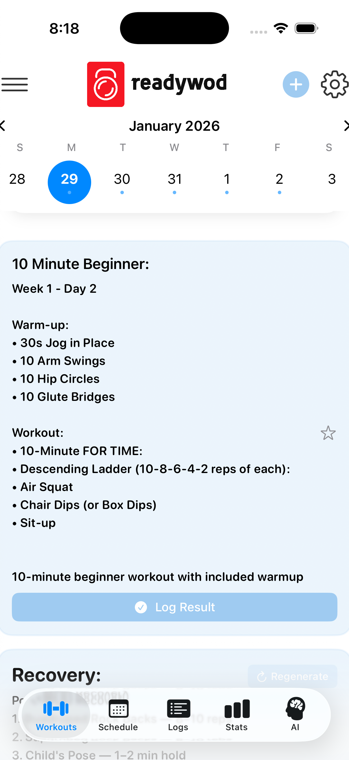 Workout detail screen showing 10 Minute Beginner program loaded